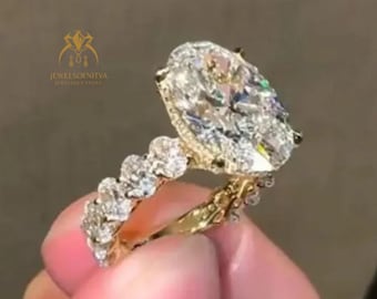 10 CT Oval Cut Moissanite Ring With Side Oval Diamond 3/4 Half Eternity Set Band Hidden Halo Pave Prong Big Diamond Ring Huge Oval Cut Ring