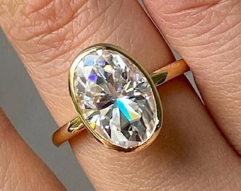 2 CT Oval Bezel Solitaire Ring Brilliant Cut Moissanite Diamond Engagement Ring, Tulip Petal Setting Promise Ring, Vintage Bridal Set Simple
