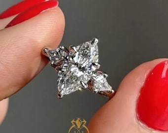 2.00 CT Elongated Marquise Moissanite Engagement Ring 14K White Gold Kite Cut Three Stone Cluster Design Claw Prong Statement Bridal Ring