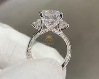 3 Ct Round Cut Moissanite Diamond Three Stone Engagement Ring, 14K White Gold Cathedral Style 4 Prong Centre Setting And Pave Diamond Ring