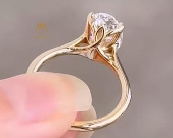 Antique Tulip Setting 3.50 CT Oval Cut Engagement Ring, 14k Yellow Gold Cathedral Flower Basket Petal Prong Set Solitaire Engagement Ring
