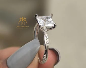 2 Ct Princess Cut Moissanite Twisted Shank Wedding Ring, Half Eternity Pave Diamond Set Twisted Band Vintage Prong Set Princess Wedding Ring