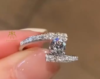 1 CT Round Moissanite Engagement Ring 14K Yellow Gold, Bypass Pave Crossover Ring, Modern Floating Bridge Setting, Unique Statement Ring