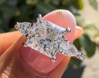 3 CT Princess Cut Moissanite Engagement Ring 14K White Gold Hidden Halo Double Claw Prong Cathedral Pear Round Side Stones