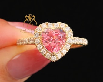 3CT Heart Cut Moissanite Engagement Ring 14K Yellow Gold Halo Pavé Band Romantic Luxury Promise Ring Rounded Claw Prongs Securing The Heart