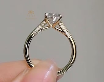 Antique Cathedral Setting Oval Cut Engagement Ring, 14k Yellow Gold Bridal Ring, Hidden Pave Moissanite Band, Oval Solitaire Diamond Ring