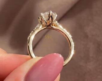 Antique Tulip Setting 2CT Oval Cut Moissanite Ring 14k Gold Cathedral Flower Basket Set Ring Side Marquise and Round Stone, Petal Prong Ring