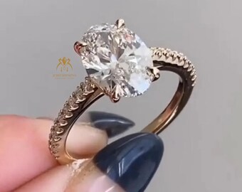 3 CT Oval Cut Moissanite Engagement Ring with Diamond Pave Band, Gold Oval Solitaire Ring, Classic Elegant Ring Anniversary Gift for Her