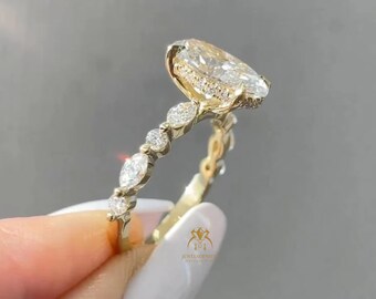 3 CT Whitey Oval Cut Moissanite Engagement Ring with Hidden Halo and Marquise And Round Pave Diamond Ring, Gold Half Eternity Band Gift Her