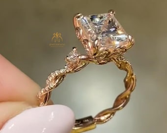 3CT Princess Cut Moissanite Engagement Ring 14K Yellow Gold Twisted Vine Infinity Band Cathedral Setting Four Rounded Claw Style Prongs