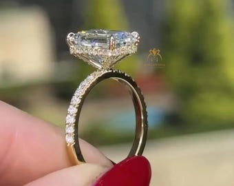 3.20 CT Emerald Cut Moissanite Engagement Ring 14K Yellow Gold Hidden Halo Cathedral Pavé Band 4 Claw Prongs Luxury Statement Ring Gift Her
