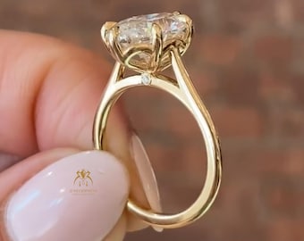 3CT Oval Moissanite Engagement Ring 14K Yellow Gold Solitaire Cathedral Setting Hidden Single Surprise Accent Stone Set Luxury Promise Ring