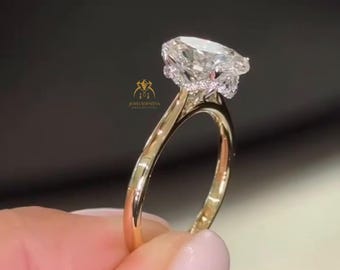 2.50 CT Vintage Cathedral Setting Oval Cut Moissanite Engagement Ring, Antique V Shape Hidden Halo Ring, 14K Gold Wedding Ring,Proposal Ring