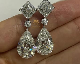 Moissanite Drop Earrings: Asscher & Pear Cut, 14K Gold Bridal Jewelry