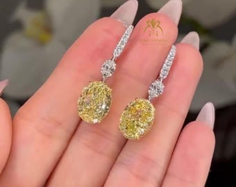 2.50 + 2.50 CT Canary Yellow Oval Diamond Drop Earrings, Drop Earrings in Gold | Halo Dangle Earrings | Elegant Bridal Anniversary Gift Her