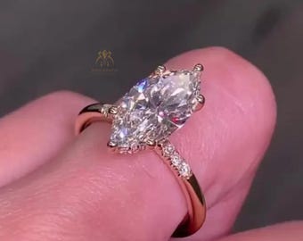 4 CT Marquise Cut Moissanite Engagement Ring, 14K Gold Hidden Halo Ring, 6 Prong Solitaire Ring, Pave Set Diamond Band, Wedding Ring for Her