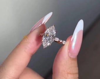 3.20 CT Hidden Halo Marquise Cut Engagement Ring with Side Stone Marquise & Round Cut Moissanite Band, 14k Rose Gold, Art Deco Promise Ring