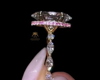 4 CT Oval Cut Moissanite Diamond Engagement Ring With Marquise Cut Bubble Band & Unique Pink Diamond Hidden Halo 14K Solid Gold Wedding Ring