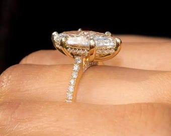 4CT Marquise Cut Moissanite Engagement Ring, 6 Prong Hidden Halo & Bridge Accent Ring, 14K Yellow Gold Pave Diamond Engagement Ring Gift Her