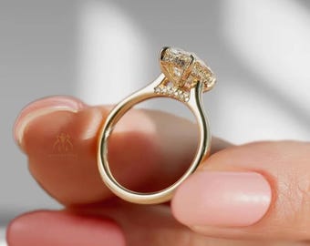 Cathedral Set 3 CT Oval Moissanite Diamond Engagement Ring, Vintage Hidden Pave Bridge Ring, 14k Yellow Gold Hidden Halo Ring Gift For Her