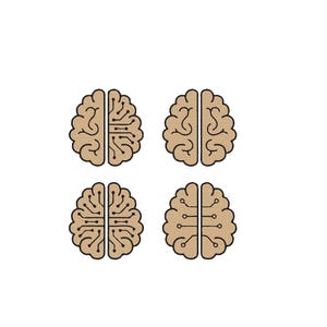 May include: A set of four tan brain icons arranged in a square grid. Each brain features a distinct design: the top left has circuit board lines on the right half, the top right is a standard brain, the bottom left has circuit lines, and the bottom right has a central vertical circuit line.
