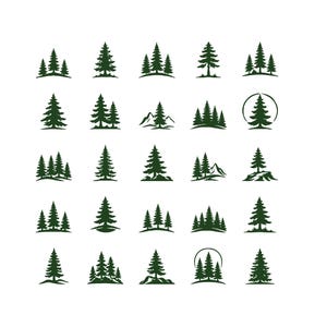 Puede incluir: Una colección de veinticinco iconos distintos de pinos de color verde oscuro dispuestos en una cuadrícula de cinco por cinco. Cada icono presenta una silueta única de coníferas, algunas incluyen pequeños picos de montañas o contornos circulares.
