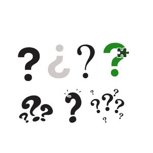 May include: A collection of eight distinct question mark symbols arranged in two rows. The set includes black, light gray, and green question marks, with one green mark featuring a puzzle piece cutout and another black mark with eyes.