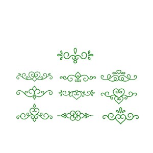 Puede incluir: Una colección de diez adornos decorativos de arte lineal verde dispuestos en tres filas. Cada elemento presenta remolinos simétricos, formas de corazón y motivos inspirados en flores creados con líneas finas y limpias sobre un fondo liso.