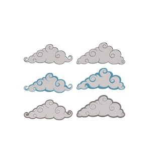 May include: Six embroidered cloud motifs arranged in two columns and three rows. Four clouds are rendered in shades of grey with dark grey outlines, while two clouds in the middle row feature light blue outlines and grey fill patterns.