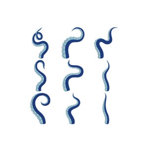 Peut inclure: Neuf tentacules de poulpe bleus et bleu clair stylisés dans diverses positions incurvées sur fond blanc. Les tentacules ont un aspect texturé, avec un bleu plus foncé à l'extérieur et un bleu plus clair à l'intérieur.