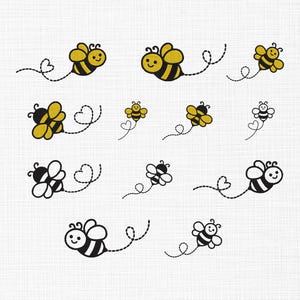 May include: A collection of cartoon bees in various poses. The bees are yellow and black, with smiling faces and heart-shaped trails. Some bees are solid yellow, while others are black and white.