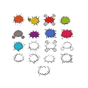May include: A collection of colorful comic book speech bubbles in various shapes and sizes. The bubbles are in red, yellow, green, blue, purple, and gray, with black outlines and white interiors. Some have star and smoke accents.