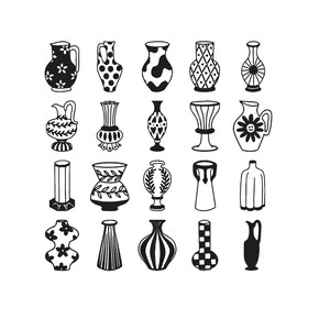 May include: A collection of twenty black and white line art illustrations of various vases. The vases feature diverse shapes and decorative patterns, including floral, polka dots, and geometric designs. Some have handles, while others are more minimalist.