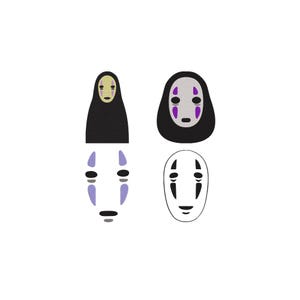 May include: A collection of four embroidered patches featuring stylized character faces. Two designs show a black hooded figure with a pale face, while the other two depict isolated facial features in purple, black, and white thread on a white background.