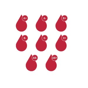 May include: Nine red blood drop illustrations, each with a different blood type label: A+, A-, B+, B-, 0-, 0+, AB-, and AB+. The drops are a deep red color and set against a white background.