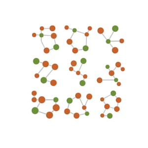 Peut inclure: Neuf illustrations abstraites de cercles interconnectés orange et verts, reliés par de fines lignes grises, disposées sur fond blanc. Chaque illustration représente un agencement différent des cercles, ressemblant à des structures moléculaires ou des schémas de réseau.