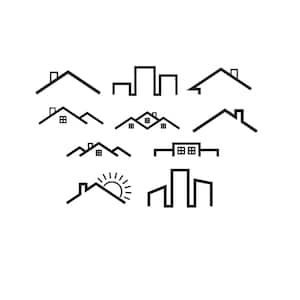 Op de afbeelding: Een verzameling minimalistische zwart-wit illustraties van huizen en gebouwen. De ontwerpen omvatten verschillende dakstijlen, sommige met schoorstenen, ramen en een zonnegrafiek, geschikt voor vastgoed- of architectuurthema's.