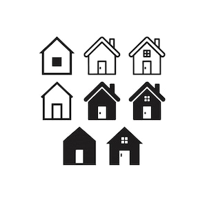 May include: A collection of eight house icons in black and white. The houses vary in design, with different window and door shapes. Some are solid black, while others are outlined.