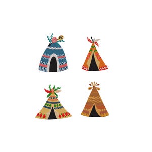 May include: Four colorful teepee illustrations with floral and feather accents. The teepees are in shades of blue, orange, yellow, and brown, each with unique patterns and designs. The teepees have black entrances and are set against a white background.