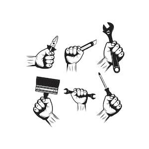 Motif de broderie d'outils de travail dans les mains, fichiers de motifs de broderie machine silhouette outils mécaniques et de construction, 6 tailles
