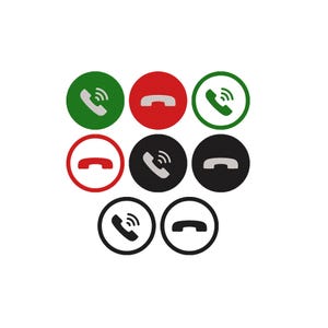 Puede incluir: Una colección de nueve iconos circulares con teléfonos. Los iconos son de varios colores, incluyendo verde, rojo y negro, con diseños de teléfono blanco o negro. Algunos iconos muestran un símbolo de señal.