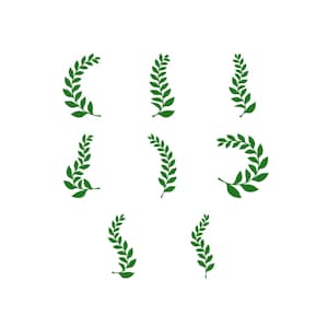 Broderi av gröna lagerkranssilhuetter, broderidesign med botaniska löv och grenar, design med böjda och raka grenar och löv, 6 storlekar