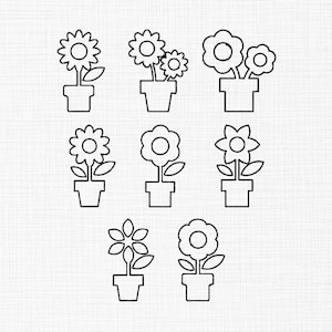 May include: Line art illustration of seven potted flowers. Each flower has a different design, with varying numbers of petals and leaves. The pots are square and simple. The image is in black and white, with a textured background.
