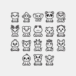 May include: A collection of 18 black and white cartoon animal illustrations, including a bear, monkey, elephant, panda, lion, deer, pig, frog, cat, and more. Each animal is depicted in a simple, cute style.