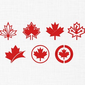 May include: A collection of seven red maple leaf designs on a white background. The designs vary in style, including outlines, solid fills, and circular frames. The leaves are a symbol of Canada.