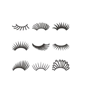 Op de afbeelding: Negen verschillende zwarte wimperontwerpen op een witte achtergrond. De afbeelding toont verschillende stijlen wimpers, van eenvoudig tot uitgebreid, met gebogen en stekelige wimperpatronen. Ideaal voor schoonheidsproducten.