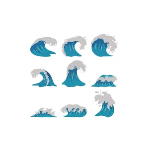 Może przedstawiać: Kolekcja ośmiu różnych ilustracji niebieskich fal oceanicznych, z których każda posiada stylizowany grzbiet z detalami białej piany. Fale są przedstawione w płaskim stylu graficznym z subtelną teksturą kropkowanego wzoru na niebieskich obszarach.