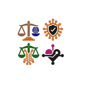 May include: A graphic design featuring four distinct icons: a brown scale of justice with a blue brain, an orange shield with a white checkmark, a green scale of justice with orange circuit lines, and a black heart shape with a magenta circle.