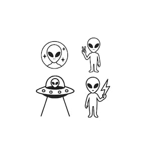 May include: Four black and white alien illustrations. One alien is inside a circle with stars, another is giving a peace sign, a third is in a flying saucer, and the last is holding a lightning bolt.