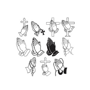 May include: A collection of eleven black and white graphic illustrations depicting various styles of praying hands, some featuring rosary beads and crosses. The designs are rendered in a clean line art style, showcasing different hand positions and details.